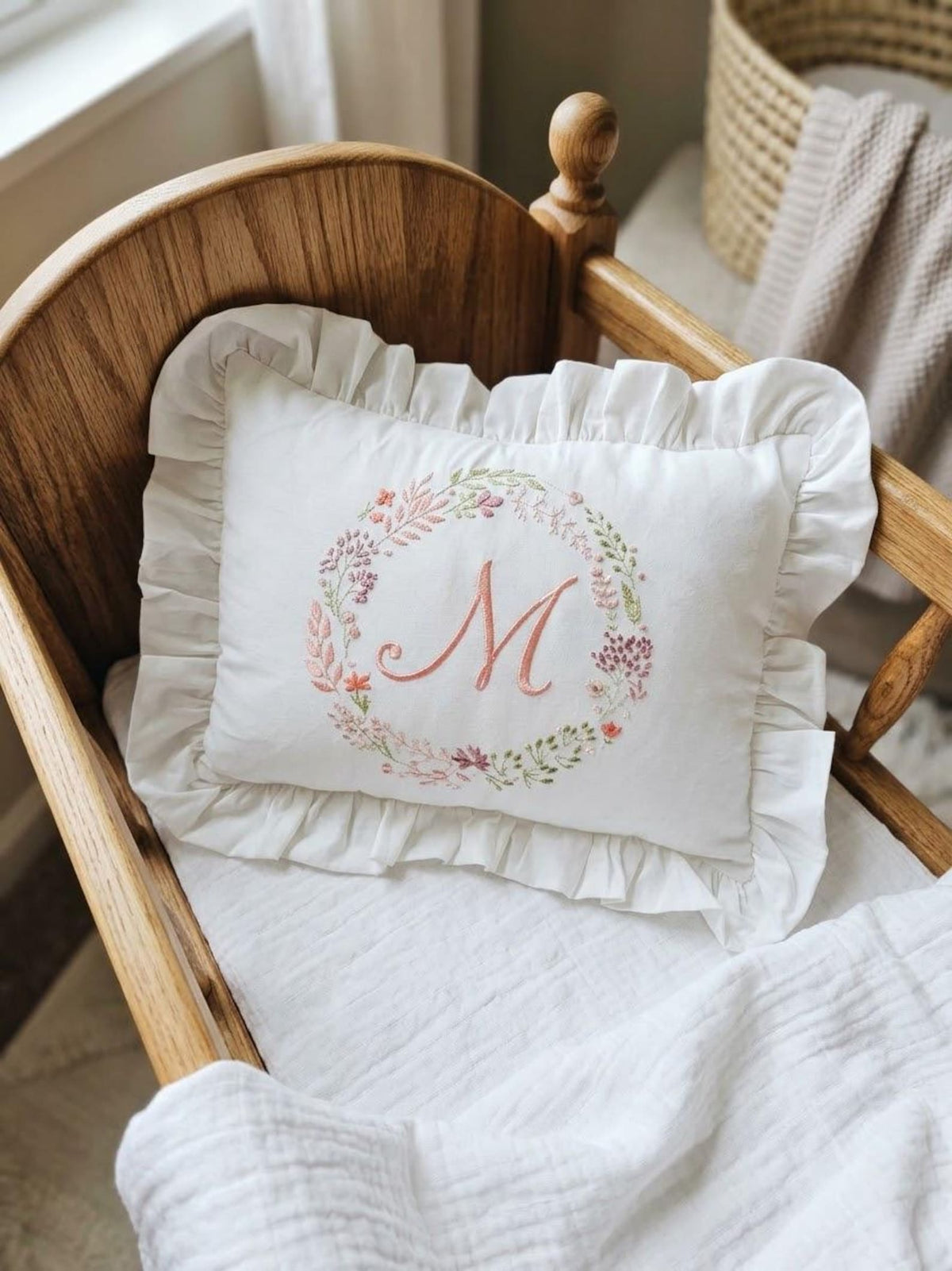 Personalisiertes Babykissen mit Blumenstickerei & Wunschnamen – Kissenbezug (30x40 cm)