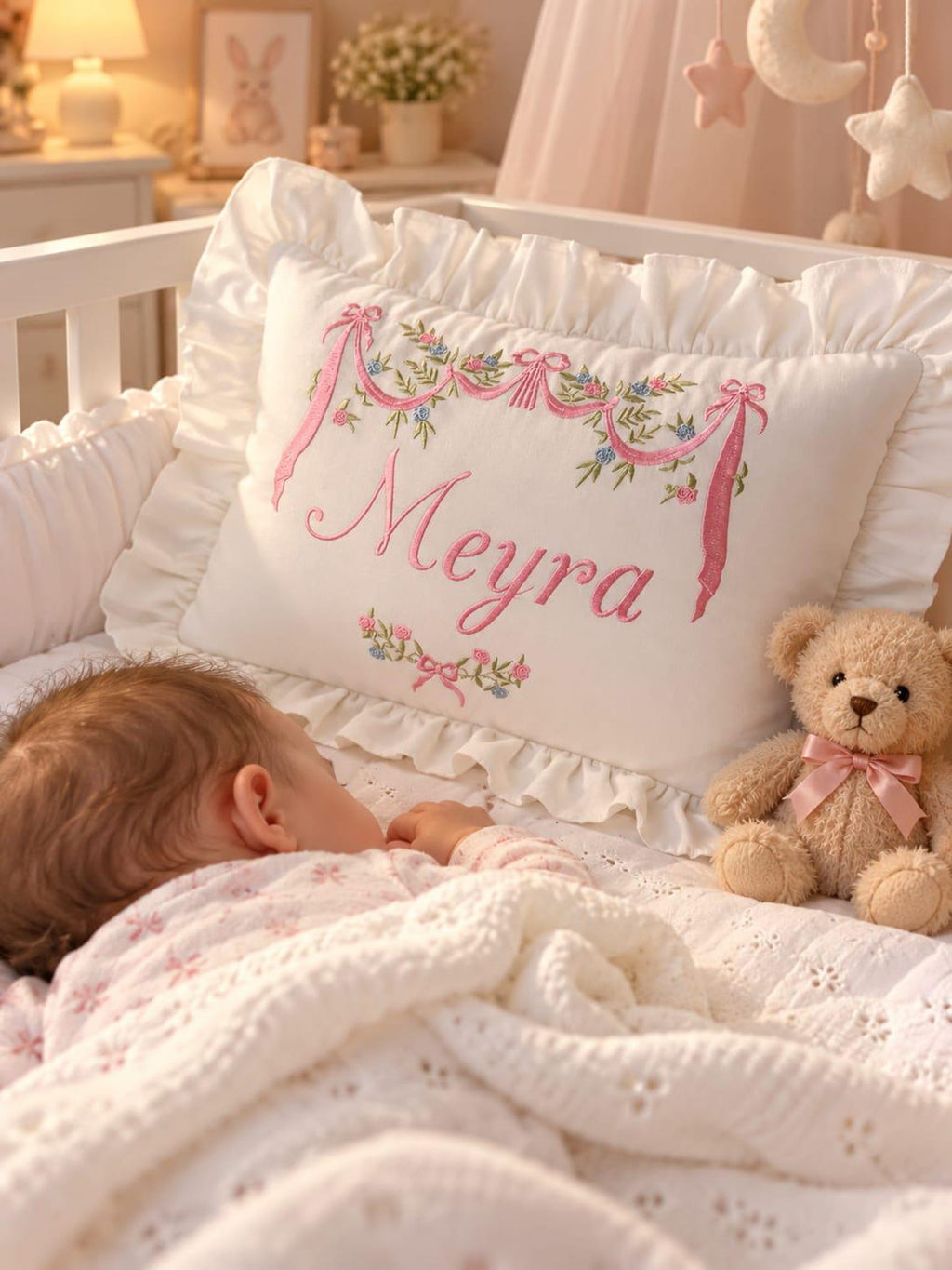 Personalisertes Babykissen mit Blumen-Stickerei & Wunschnamen – Kissenbezug (30x40 cm)