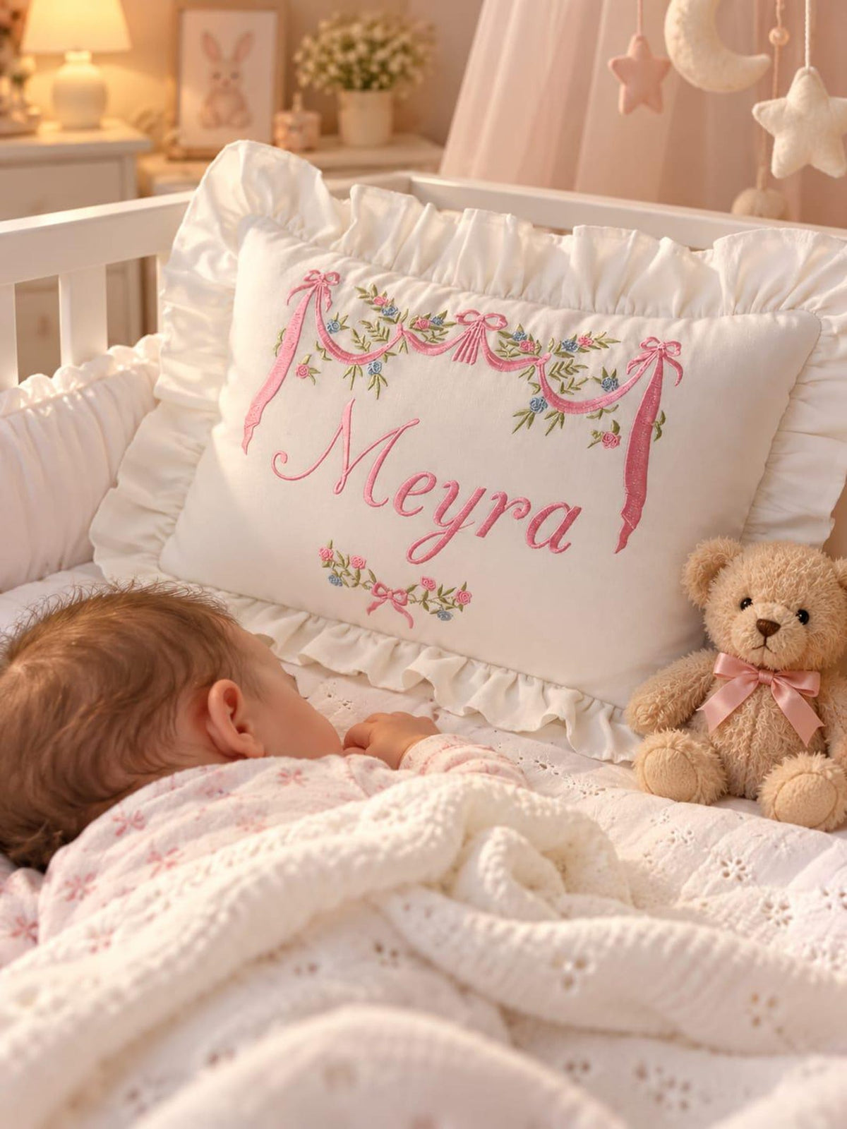 Personalisertes Babykissen mit Blumen-Stickerei & Wunschnamen – Kissenbezug (30x40 cm)